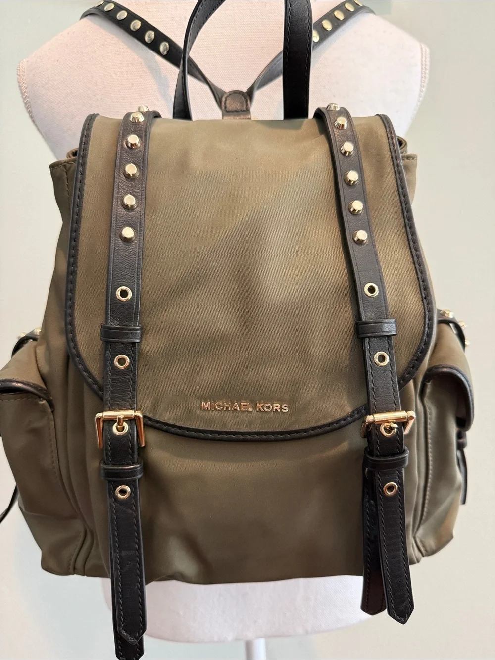 Michael Kors Olive and Black Studded Backpack with Gold Hardware